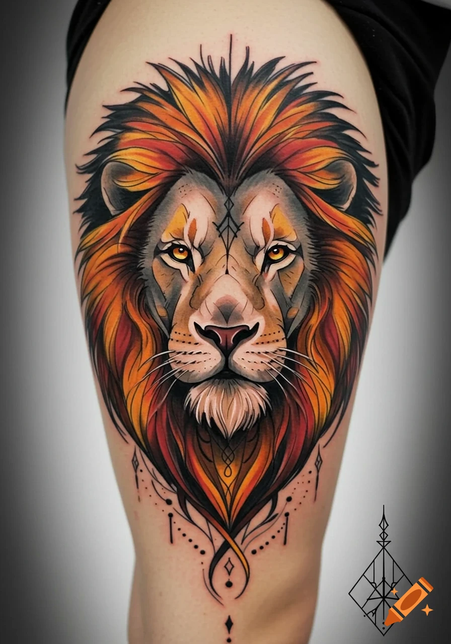 Vibrant, stylized lion's face tattoo with orange and red mane, featuring geometric patterns, on a person's leg.