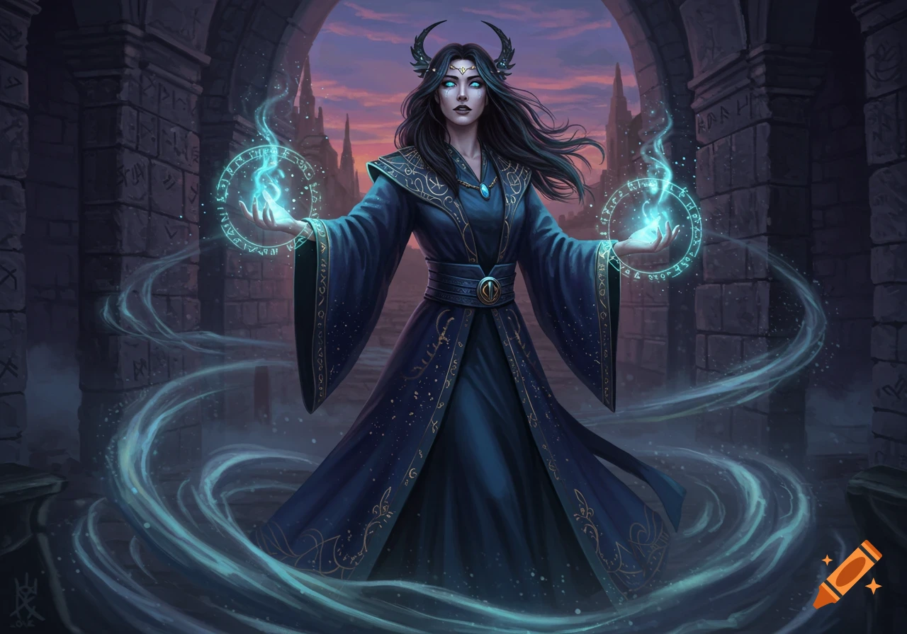 A dark-haired female wizard in a flowing navy robe with gold trim stands within stone ruins, conjuring swirling blue magic in her hands.