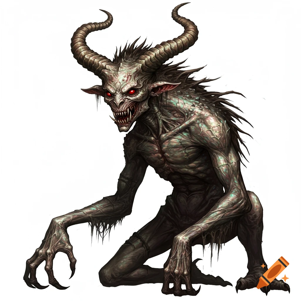 A highly detailed, photorealistic image of a scary horned folklore creature with red eyes and sharp teeth, crouching on a white background.
