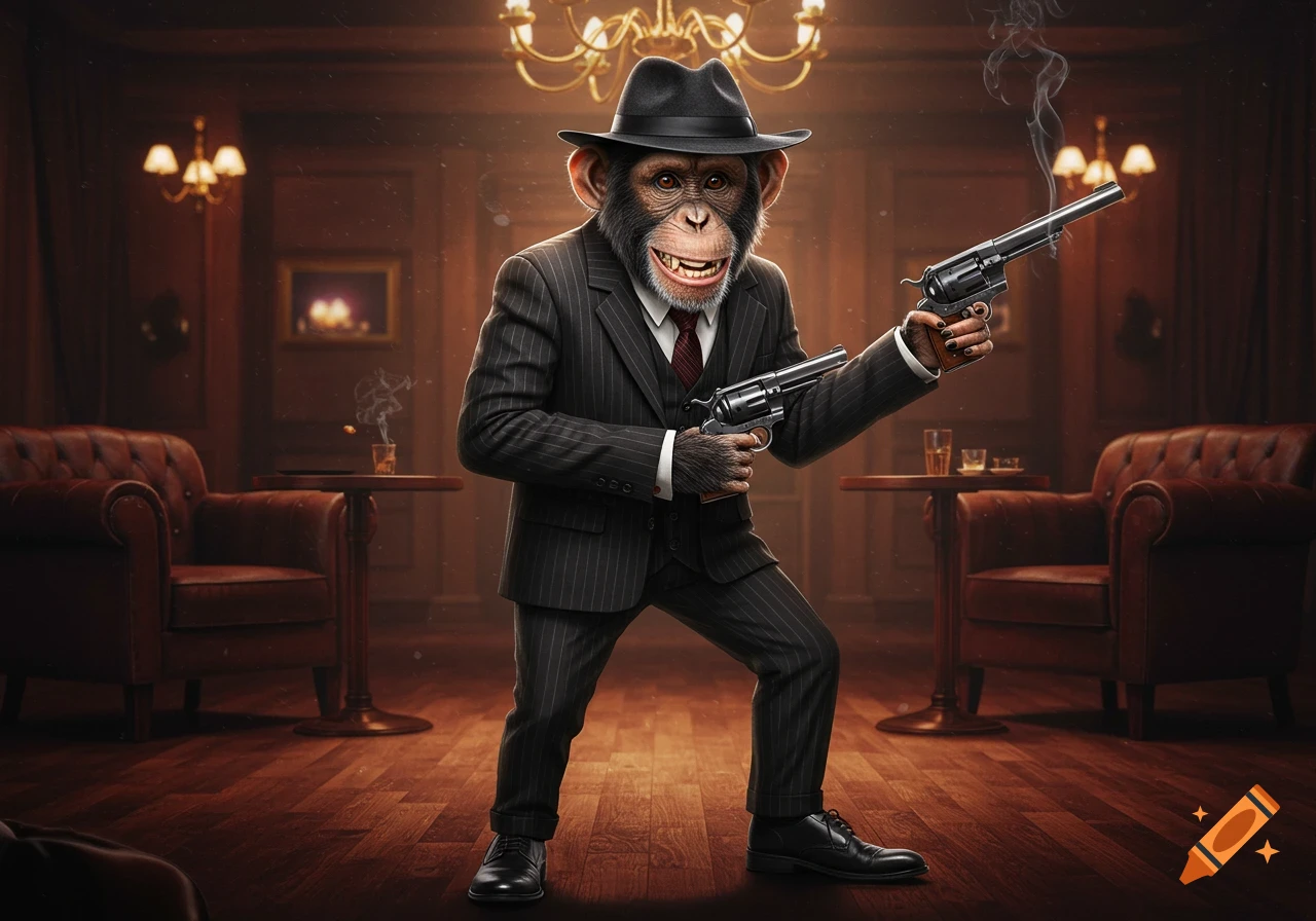A photorealistic chimpanzee gangster in a pinstripe suit and fedora, holding two revolvers in a dimly lit, old-fashioned room.