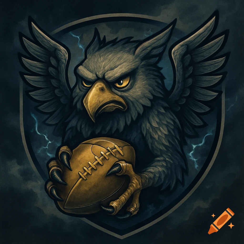 A dark, stylized digital art logo featuring an unhappy gryphon with yellow eyes holding a football against a stormy, lightning-filled shield background.