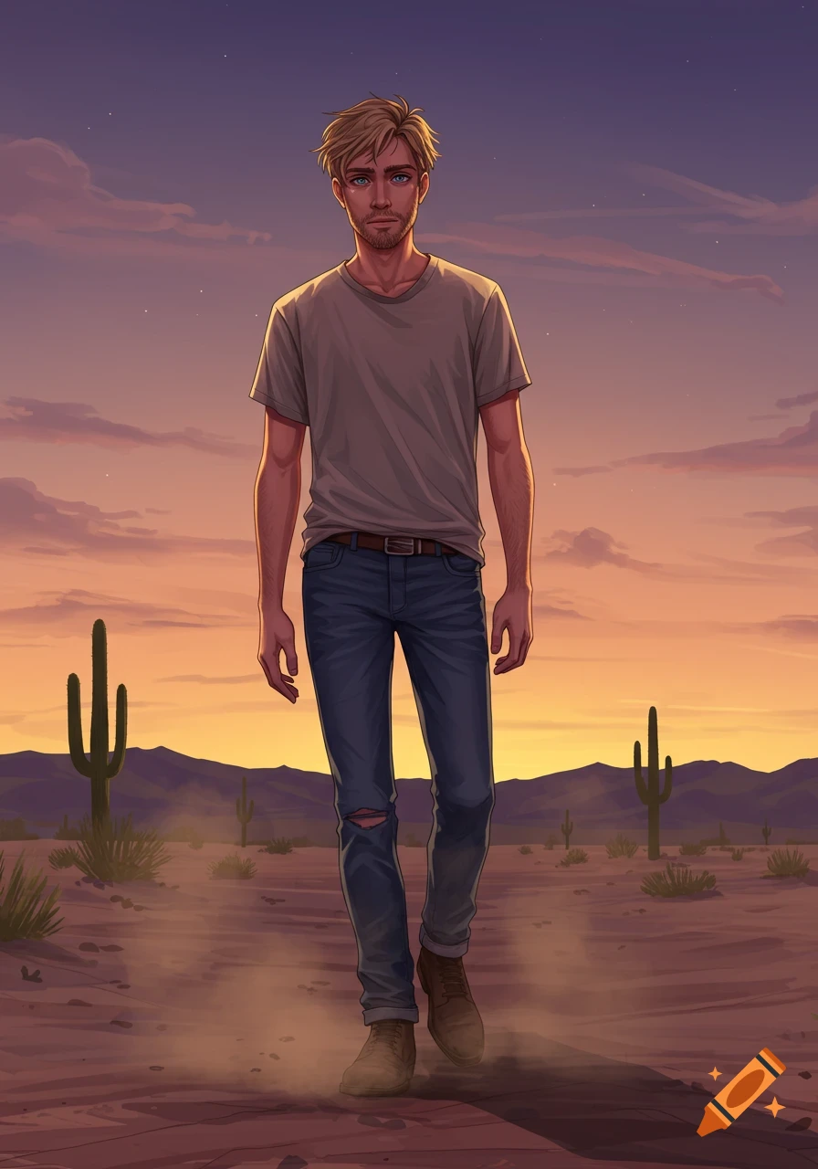 Illustrative image of a troubled young man with blonde hair and beard walking in a desert at sunset with cacti.