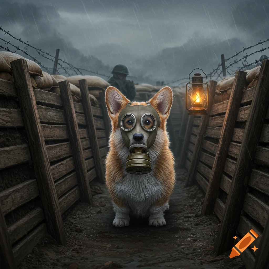 A corgi wearing an old gas mask stands in a muddy WWI trench under rainy skies, with a soldier and lantern in the background.