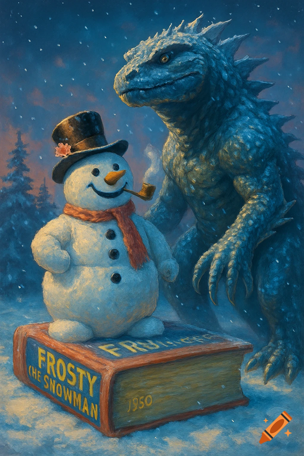 A stylized painting of a friendly snowman in a top hat and a large blue lizard monster standing in a snowy landscape. The snowman is on a book titled 'FROSTY THE SNOWMAN 1950'.