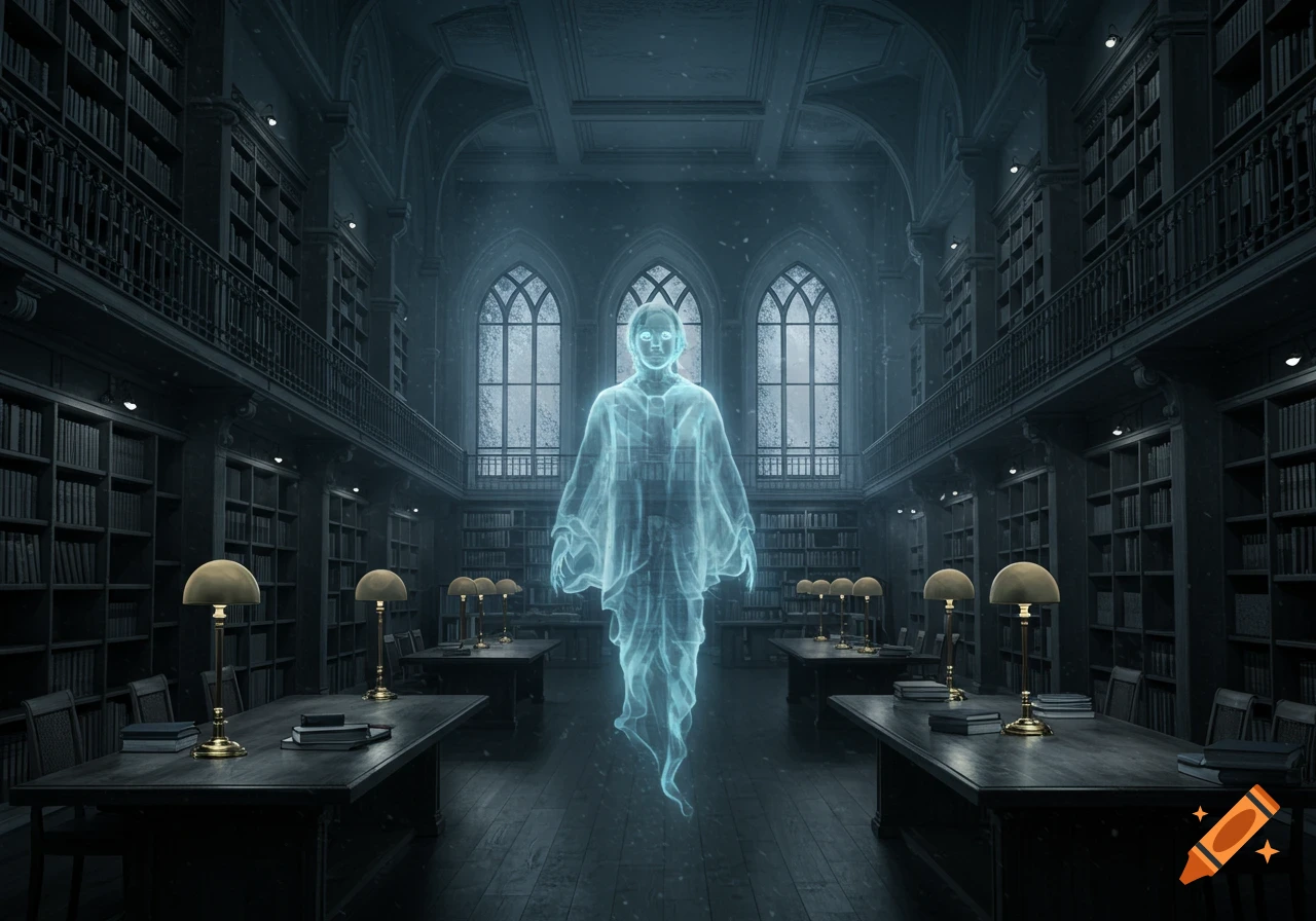 An ethereal, glowing ghost hovers in the center of a dimly lit, gothic library with tall bookshelves and arched windows.