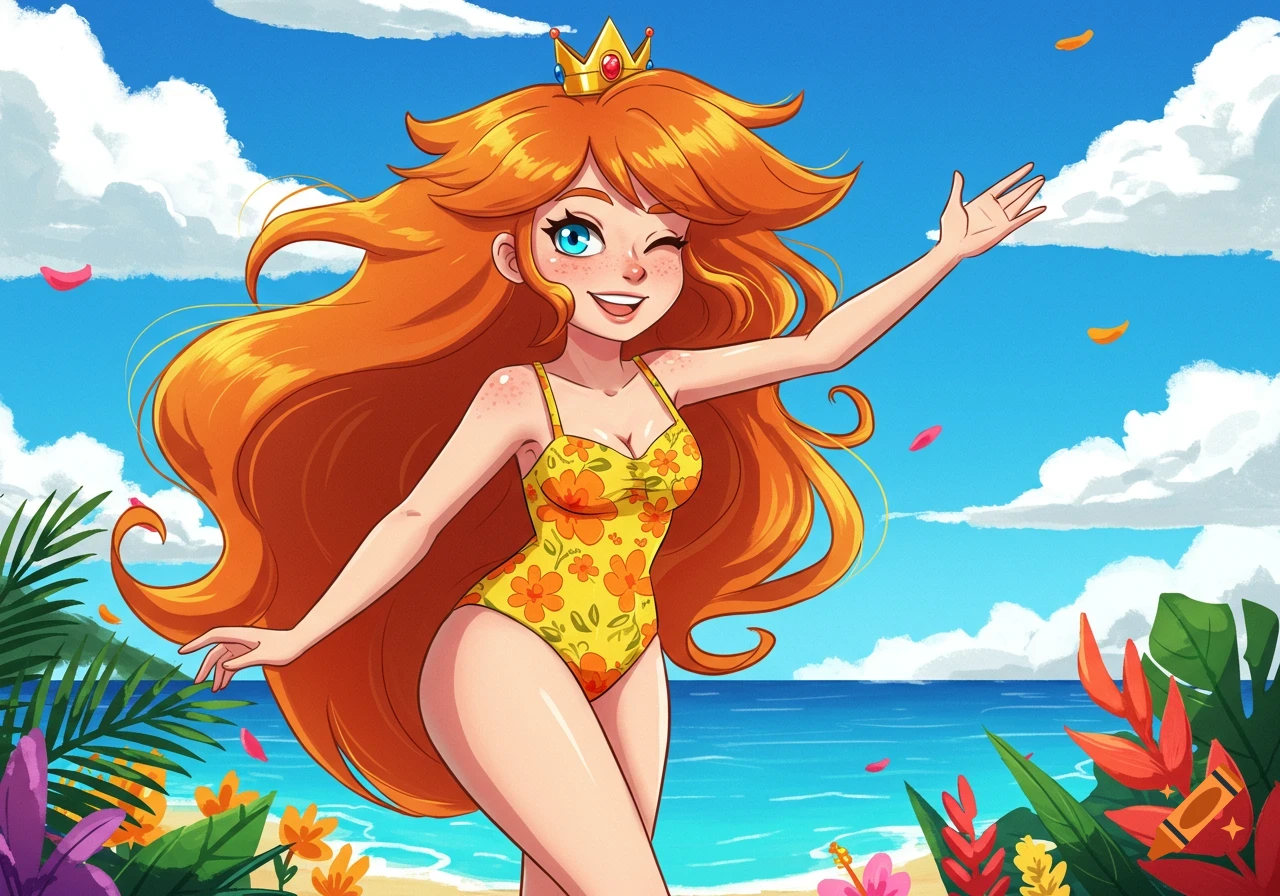 A vibrant cartoon princess with long orange hair, blue eyes, and a crown winks and waves from a tropical beach in a yellow floral swimsuit.