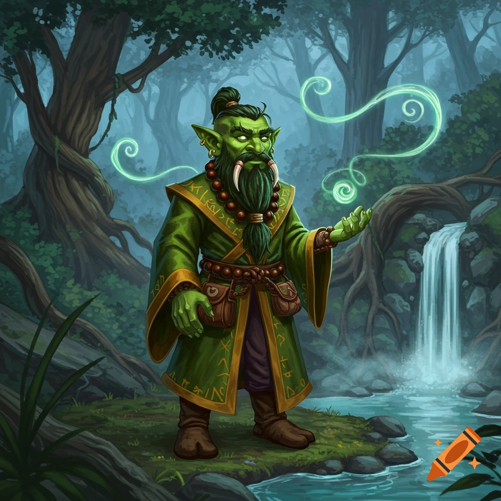 A green-skinned gnome monk with tusks and a beard, in a green robe, stands in a forest with a waterfall, conjuring magic.