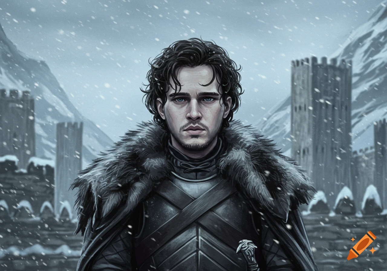 Illustration of a solemn man with dark curly hair and blue eyes, wearing fur armor, in a snowy landscape with castles.