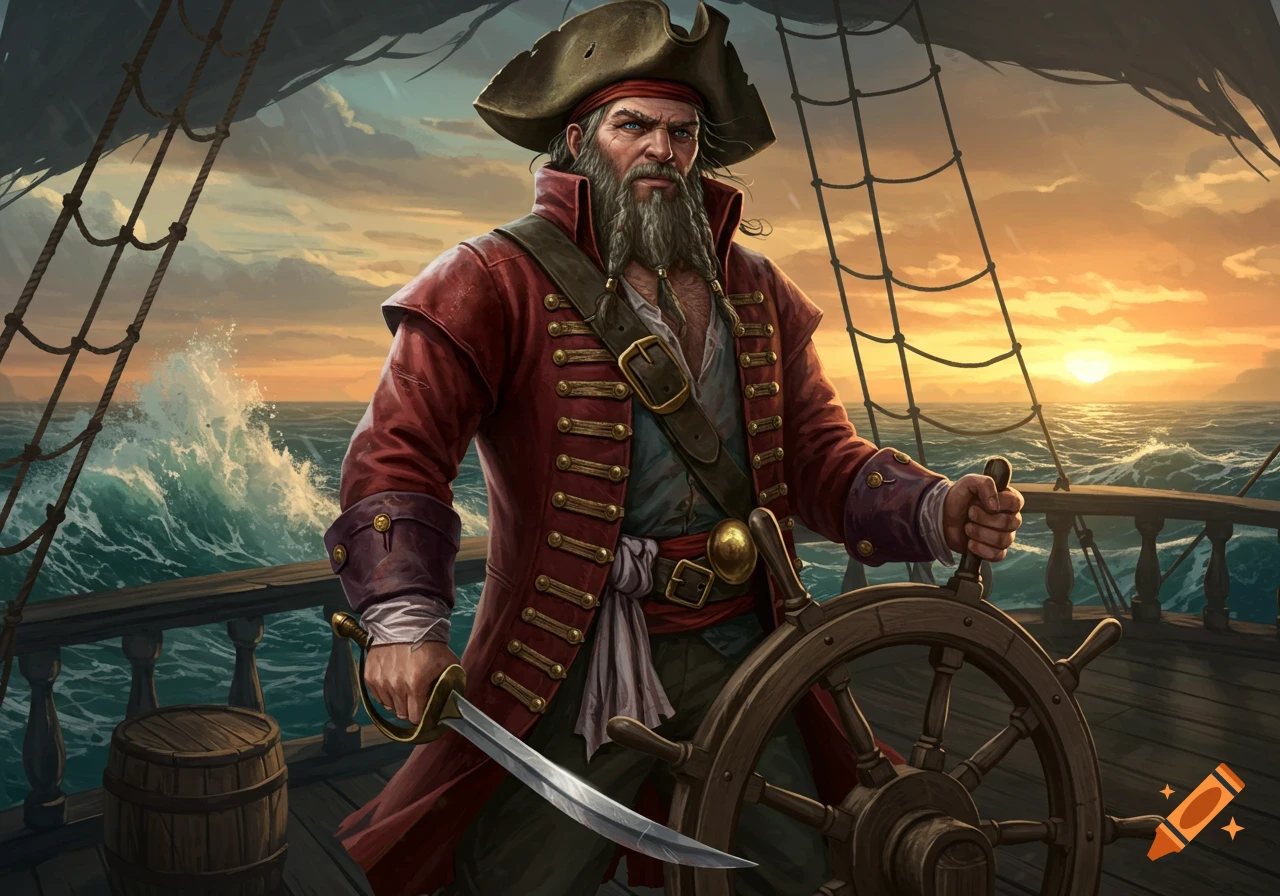 A bearded pirate in a red coat stands at a ship's helm, holding a cutlass, against a sunset sea. Digital painting.