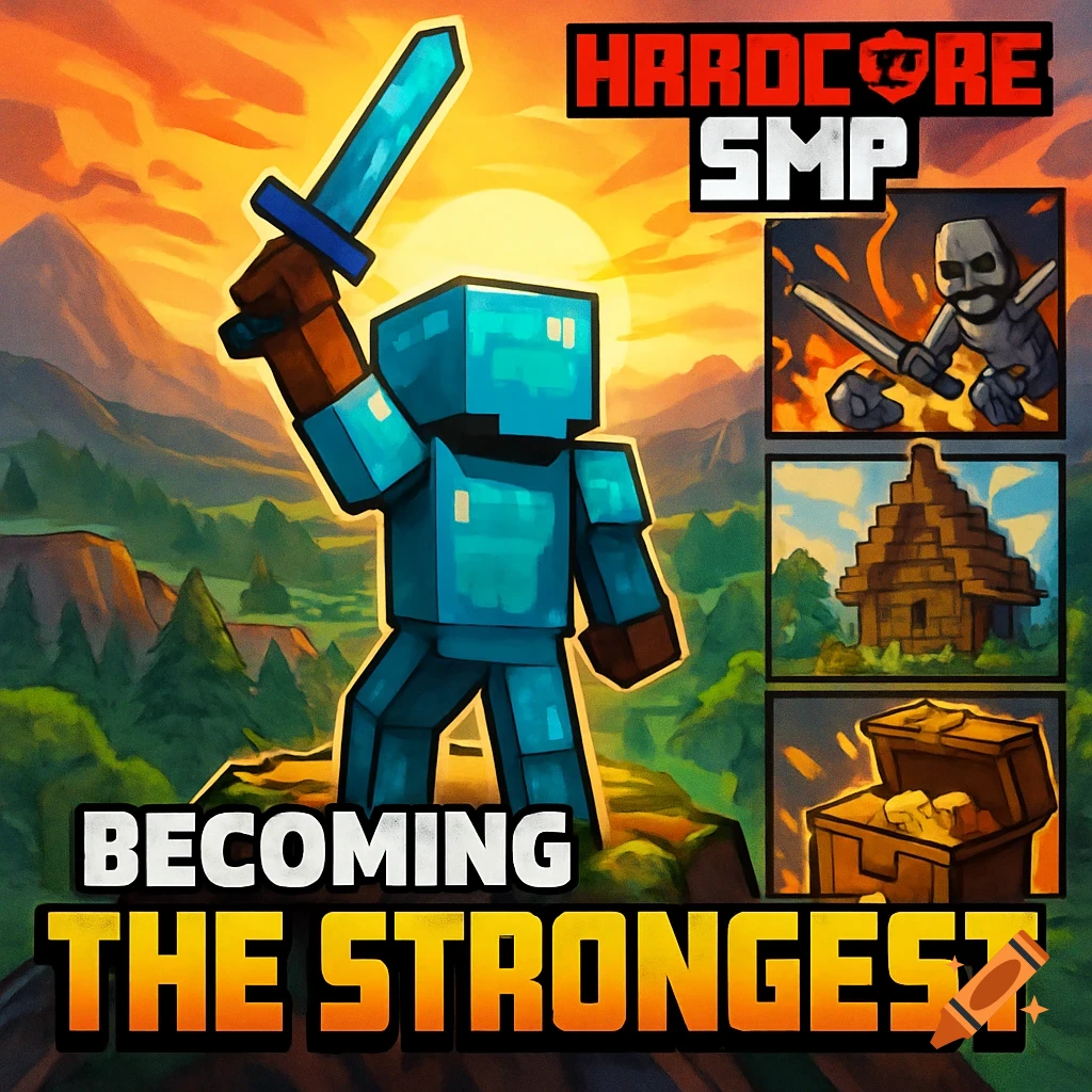 Minecraft-style image of a blocky character in blue armor holding a sword against a sunset landscape, with 'HARDCORE SMP' and 'BECOMING THE STRONGEST' text.