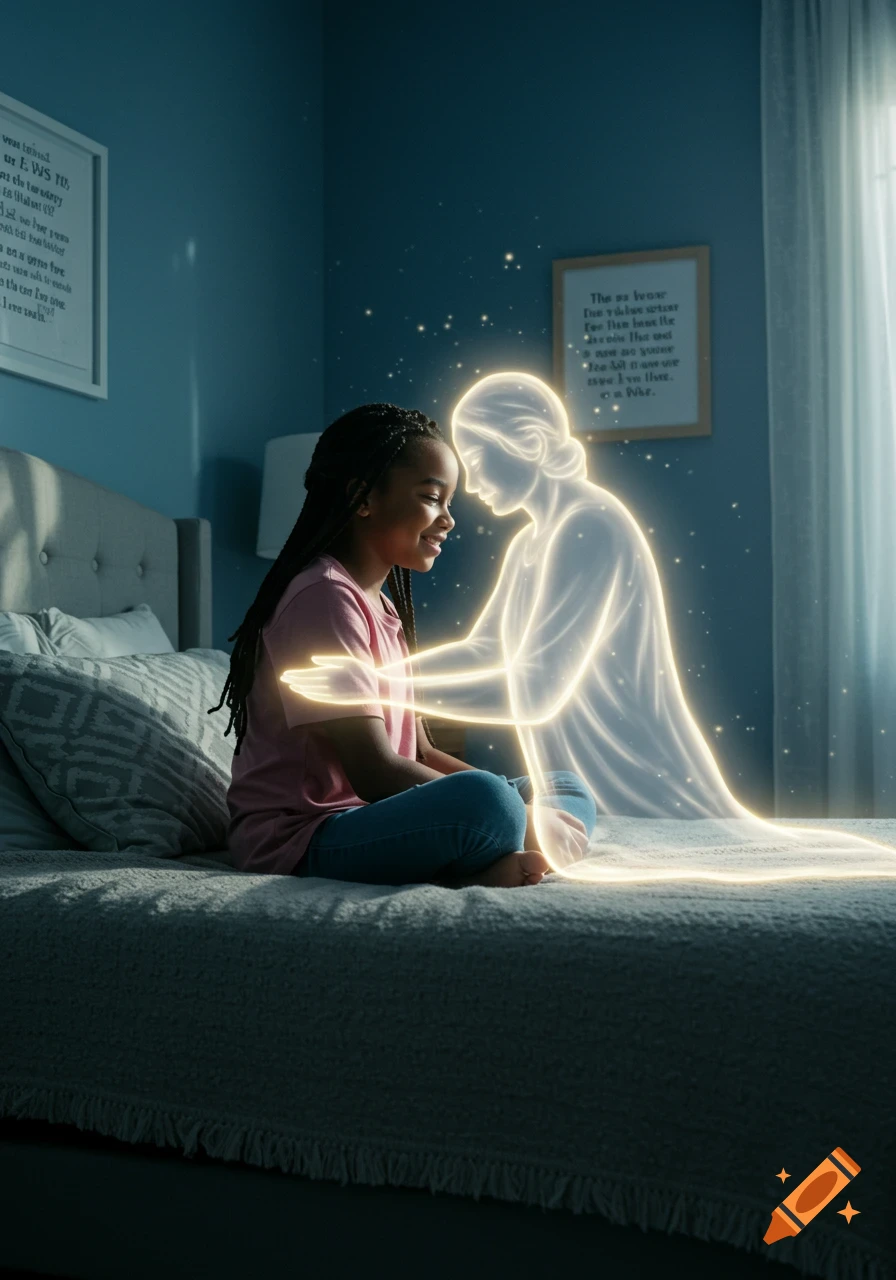 A young black girl with braids sits on a bed, smiling as a glowing, ethereal figure embraces her, in a softly lit bedroom.