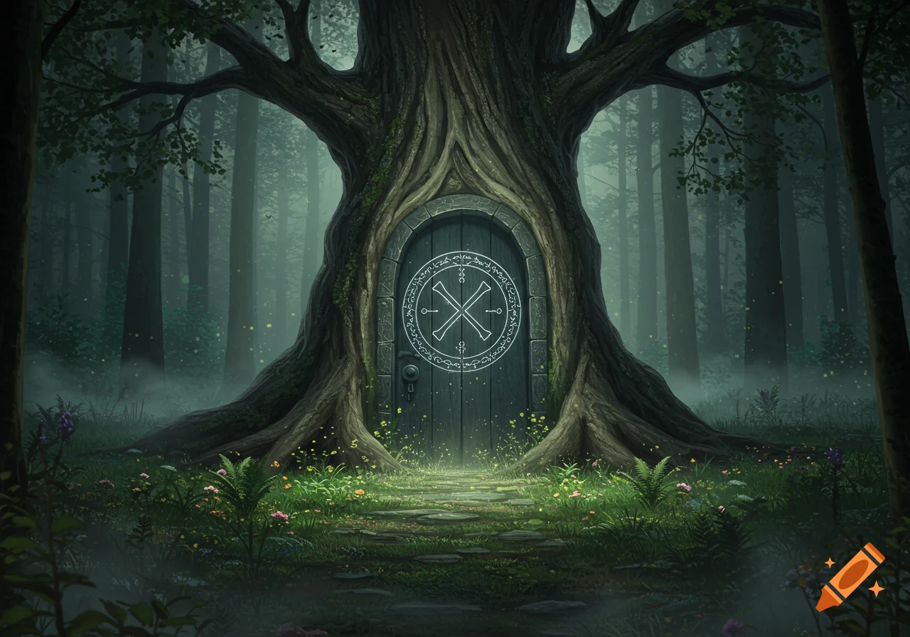 A mystical, moss-covered door with an illuminated symbol carved into a large tree in a foggy, enchanted forest.