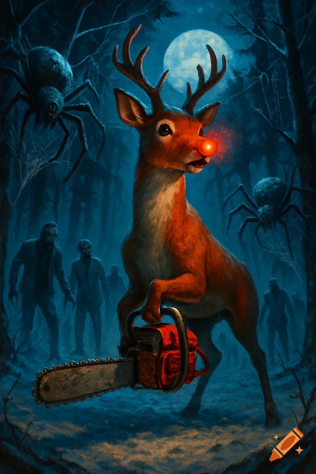 Rudolph the Red-Nosed Reindeer holds a chainsaw, surrounded by zombies and giant spiders in a dark, moonlit, snowy forest. Illustrated dark fantasy.