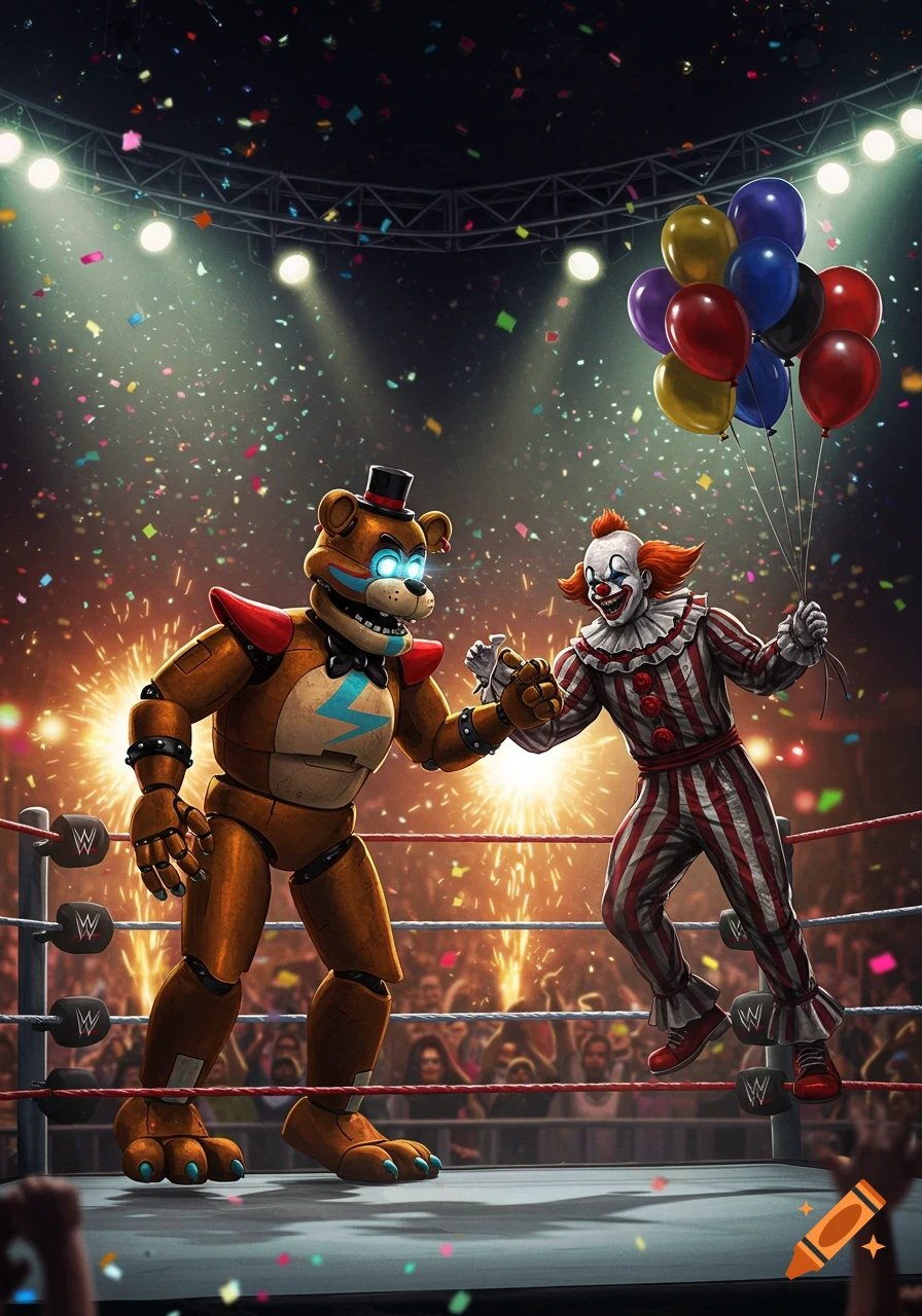 Freddy Fazbear and Art the Clown in a WWE wrestling ring, with confetti, fireworks, and a crowd.