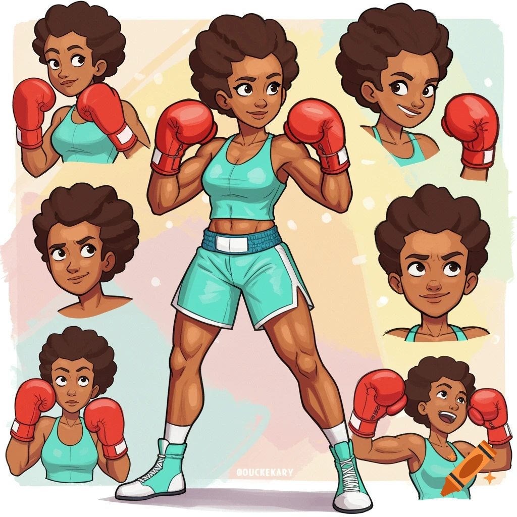 Cartoon model sheet of a female boxer with dark curly hair, wearing turquoise athletic wear and red boxing gloves, showing various poses and expressions.