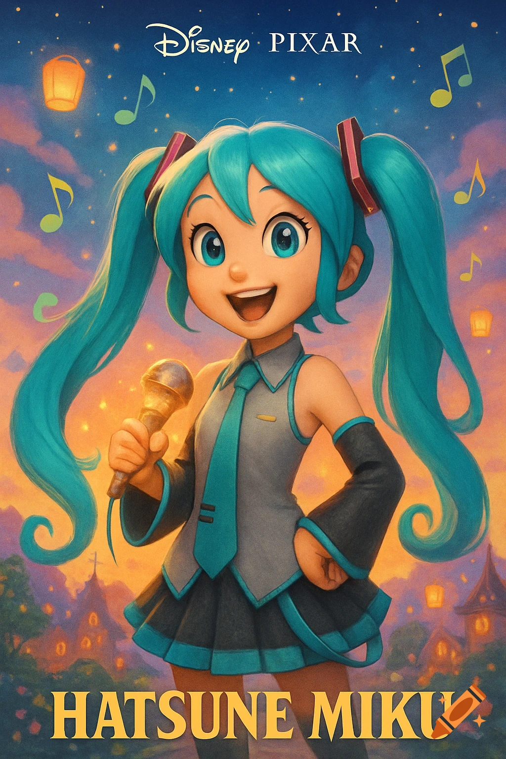 A Disney Pixar style movie poster featuring Hatsune Miku with blue pigtails singing into a microphone, with musical notes and lanterns.