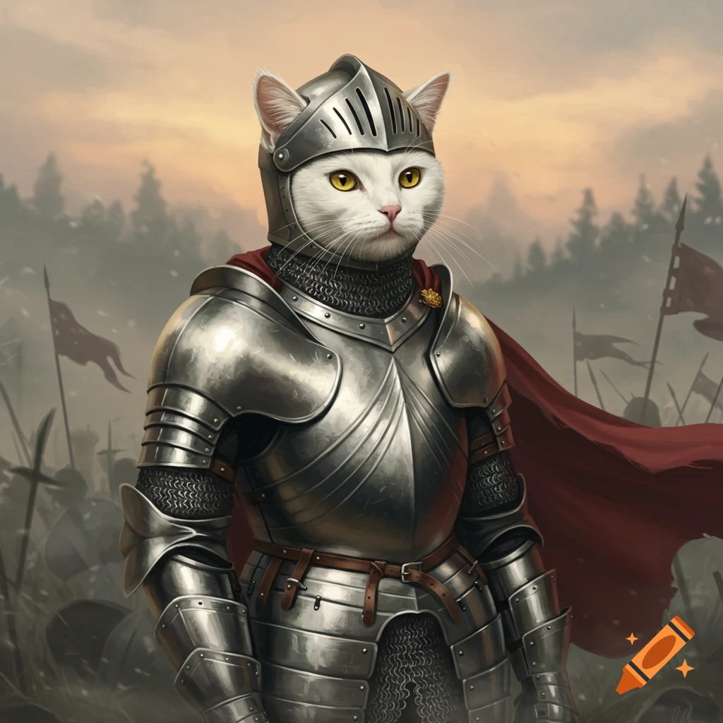 A white cat in shining knight's armor and a red cape stands on a battlefield at dusk.