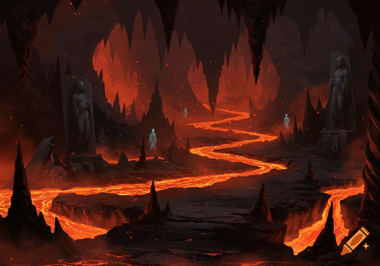 A dark fantasy underworld cavern with glowing lava rivers, jagged rock formations, ghostly figures, and ancient statues.