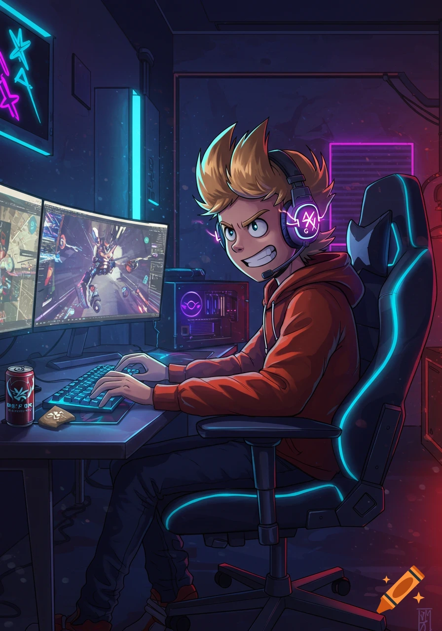 A cartoon gamer with spiky blond hair wears headphones, scowling intensely while playing a video game at a neon-lit computer setup. A soda can sits on the desk.