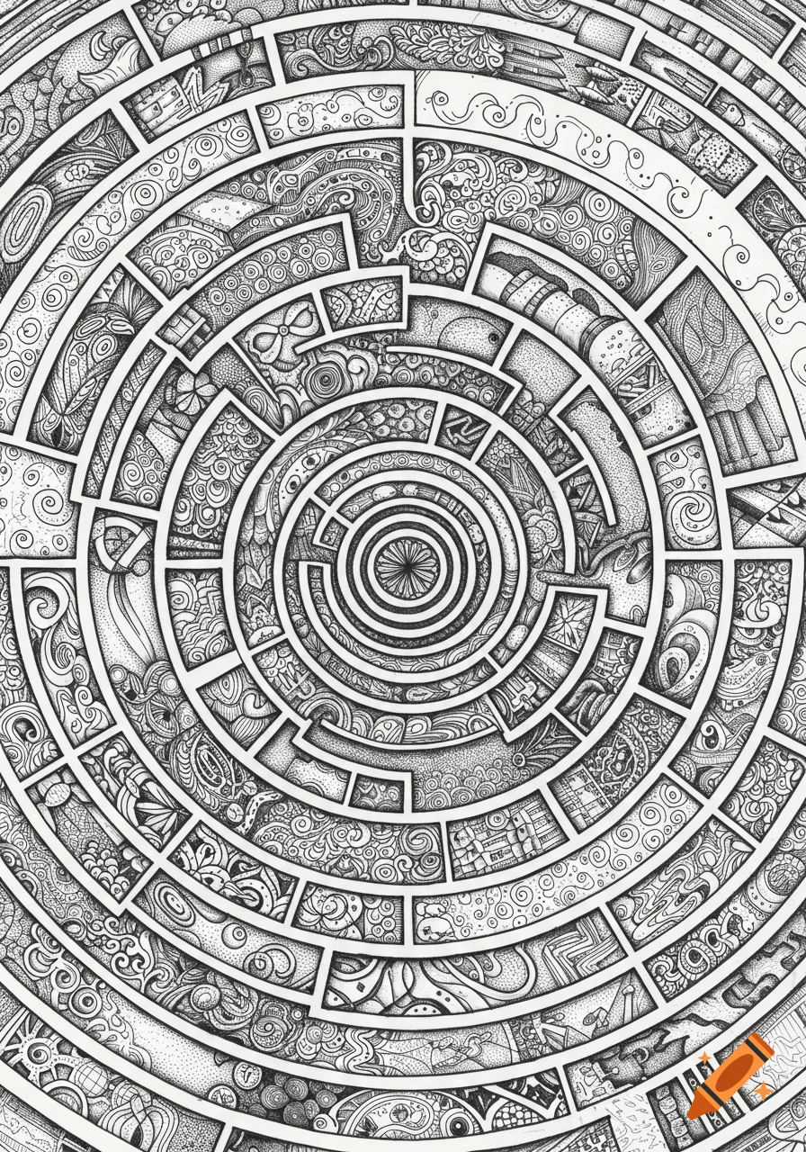 Intricate black and white circular maze with detailed line art patterns in each segment.
