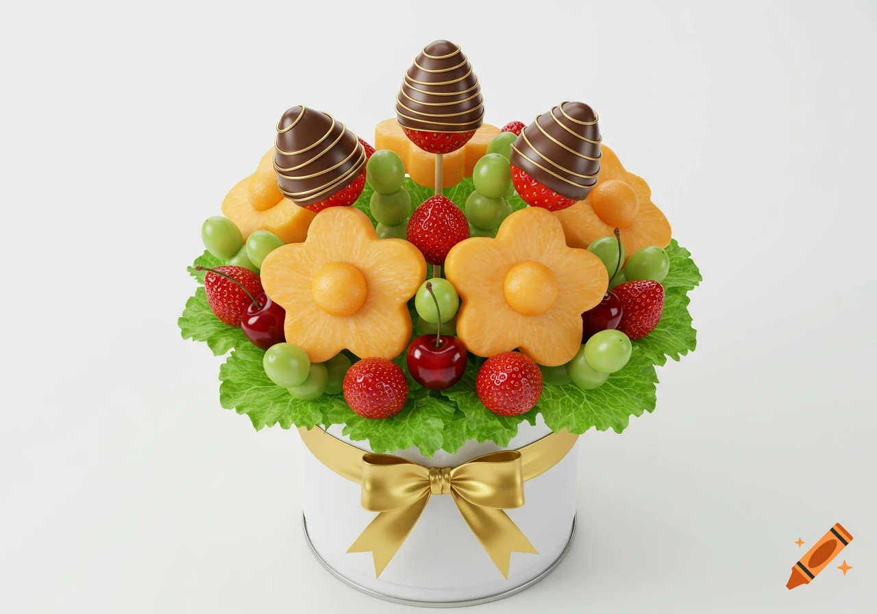 A colorful fruit bouquet in a white tin with a gold ribbon, featuring chocolate-dipped strawberries, pineapple flowers, grapes, cherries, and fresh strawberries.