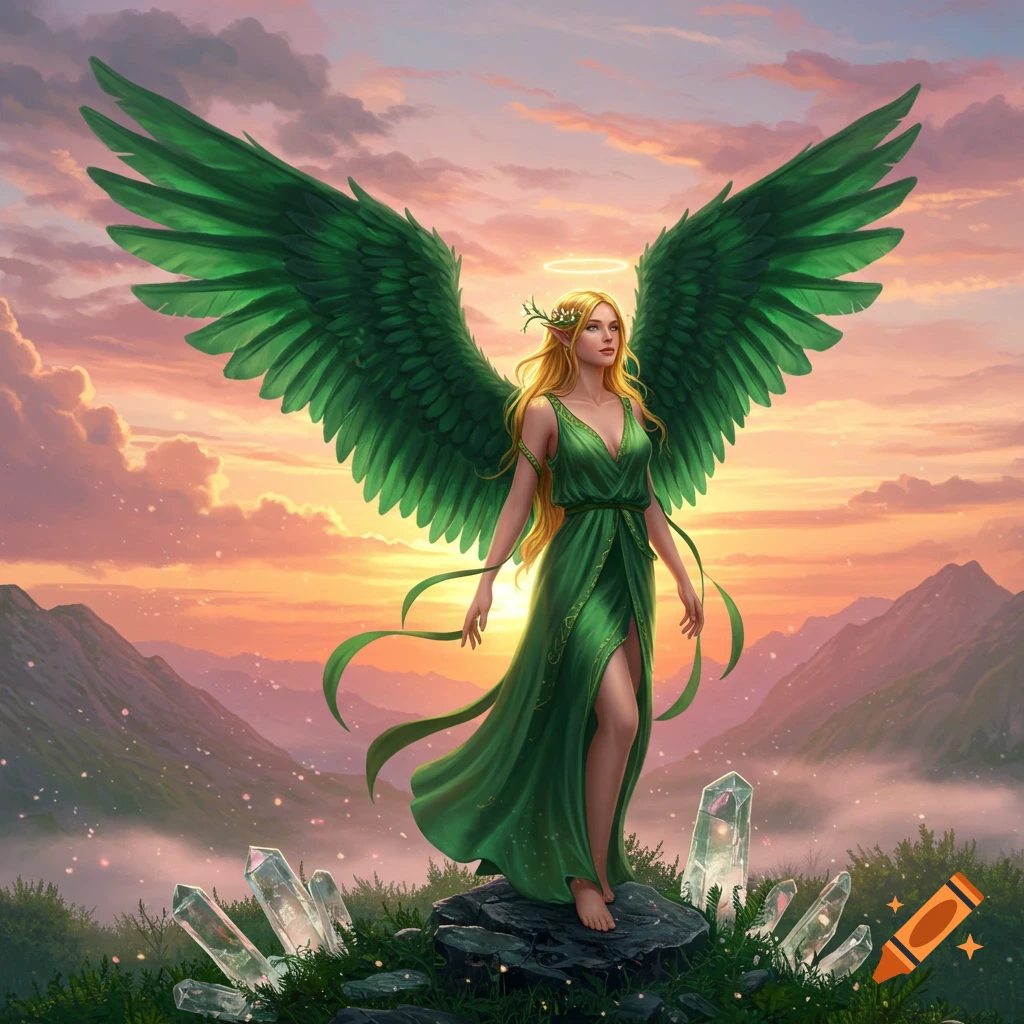 A blonde female angel with large green wings and a green dress stands on a rock surrounded by crystals in a mountain sunset landscape.