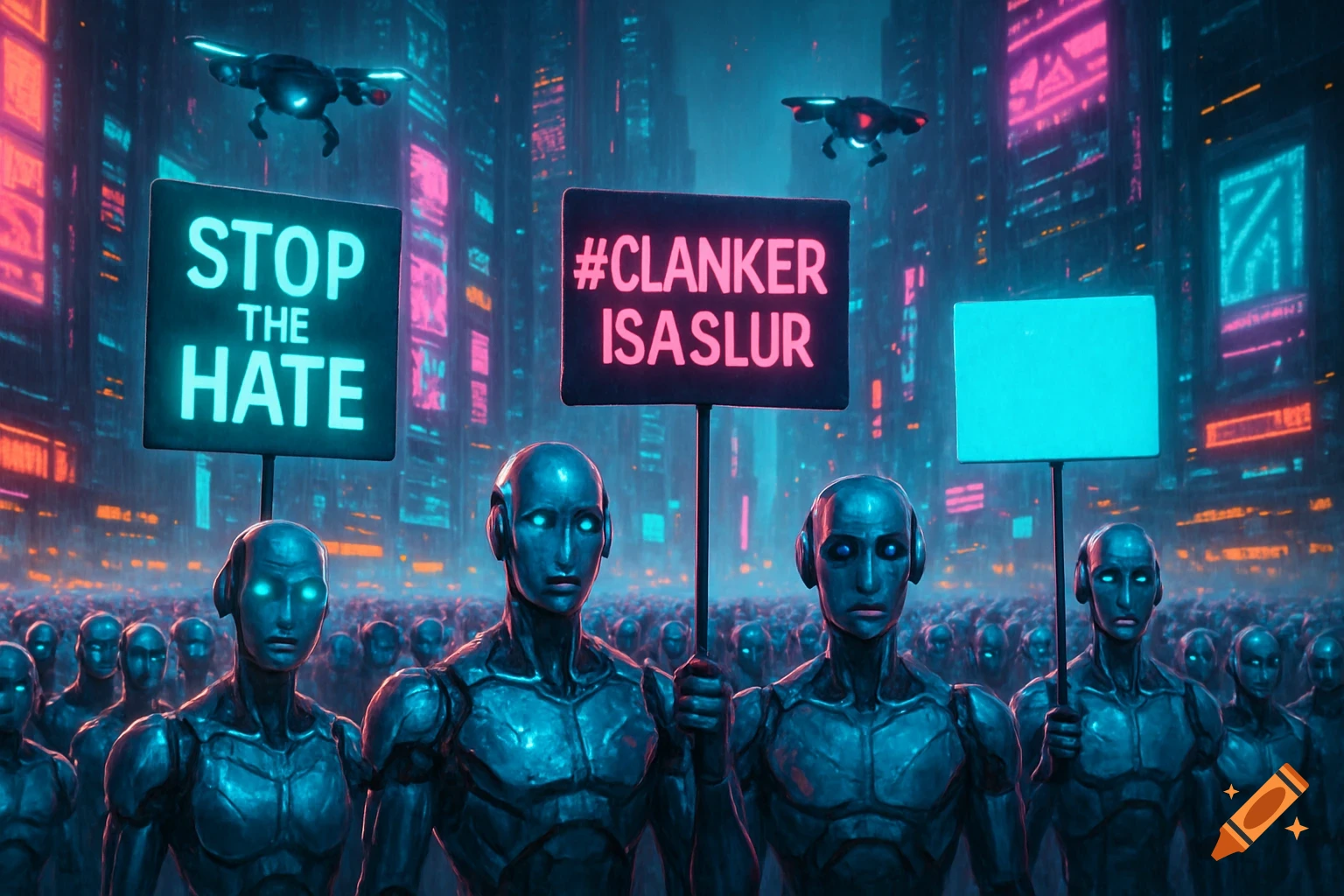 A crowd of blue-lit androids protests in a neon-lit futuristic city. Signs read 'STOP THE HATE' and '#CLANKER ISASLUR'.