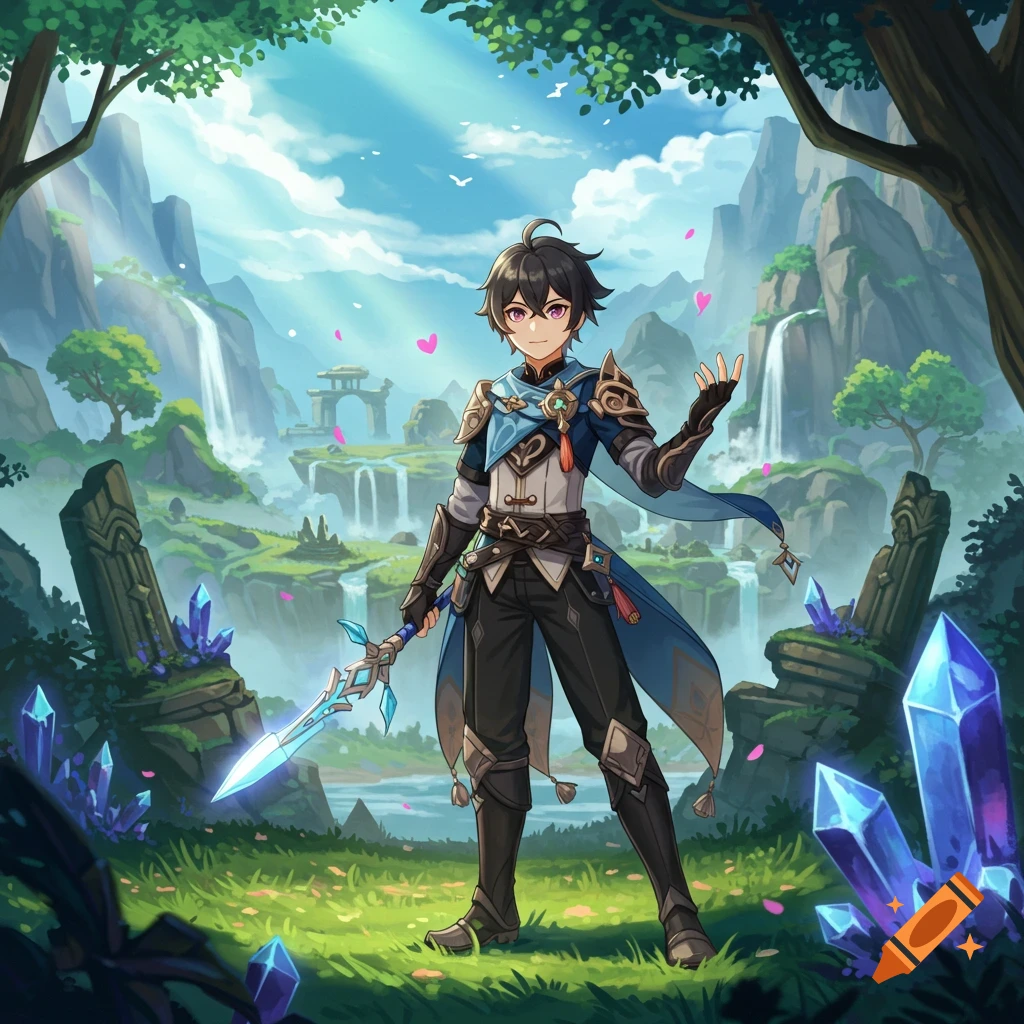 Anime boy in blue and white, holding a glowing sword, stands in a lush fantasy landscape with waterfalls and blue crystals.