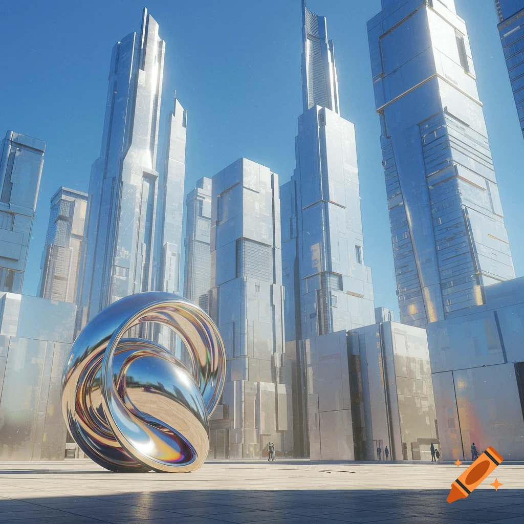 A gleaming, silver, abstract sculpture stands in a futuristic city square surrounded by tall, reflective skyscrapers under a clear blue sky.