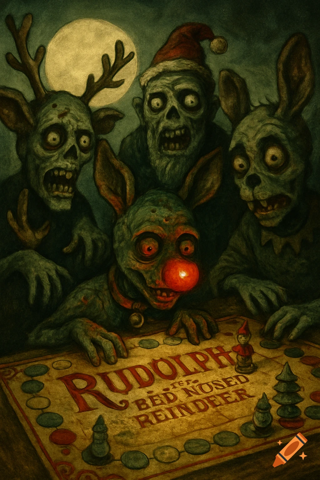 Dark, stylized painting of four zombie-like creatures, including a red-nosed reindeer, playing a 'Rudolph the Red Nosed Reindeer' board game under a full moon.