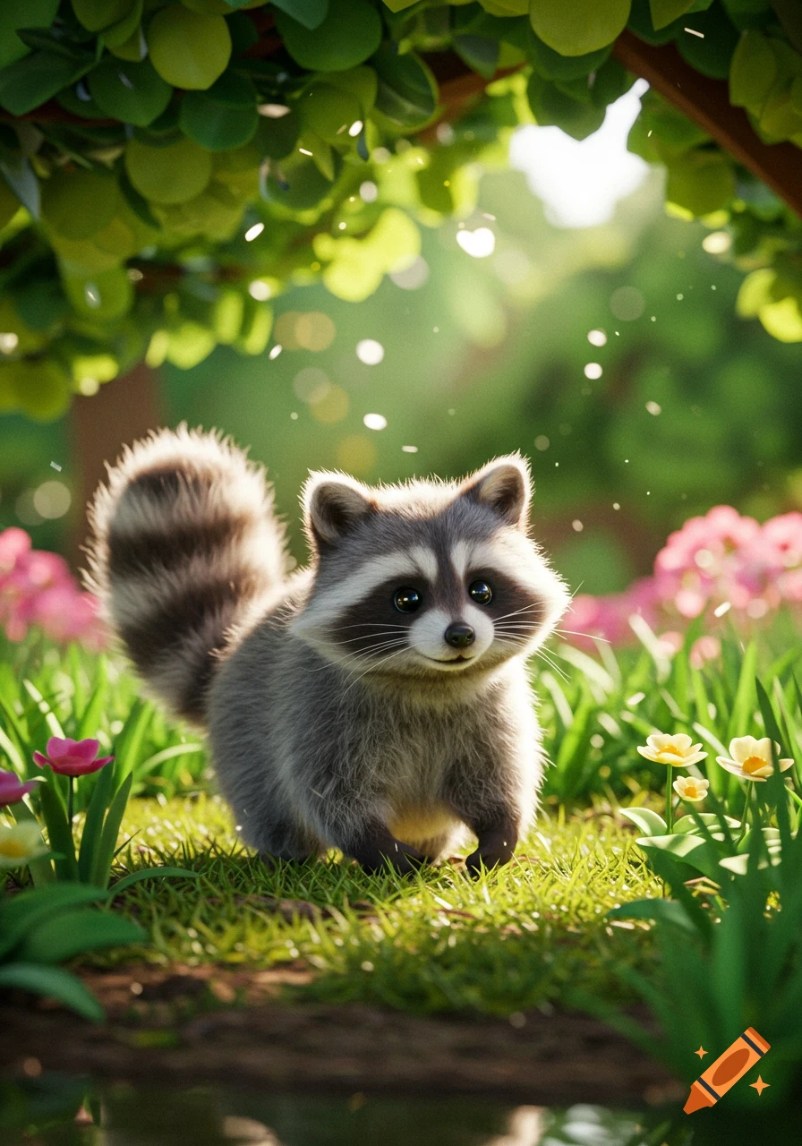 A cute, fluffy raccoon stands in a lush, sunlit garden surrounded by green grass, vibrant pink and yellow flowers, and leafy trees.