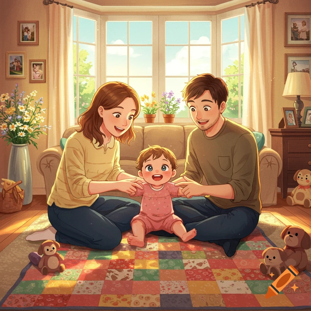 An illustration of a happy family with parents playing with their baby on a colorful quilt in a sunlit living room.