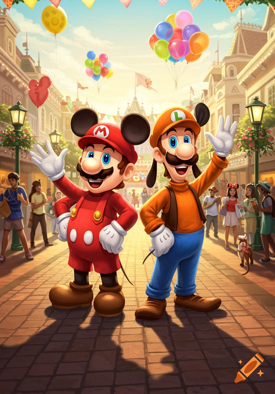 Mario dressed as Mickey Mouse and Luigi dressed as Goofy wave in a bright theme park setting with balloons and buildings.