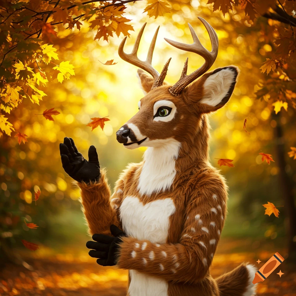 A brown and white deer fursuit stands in a vibrant autumn forest with falling yellow leaves.
