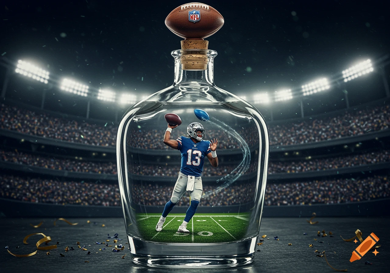 Photorealistic image of a football player in a blue jersey throwing a football inside a glass bottle, with a football cork and a stadium background.