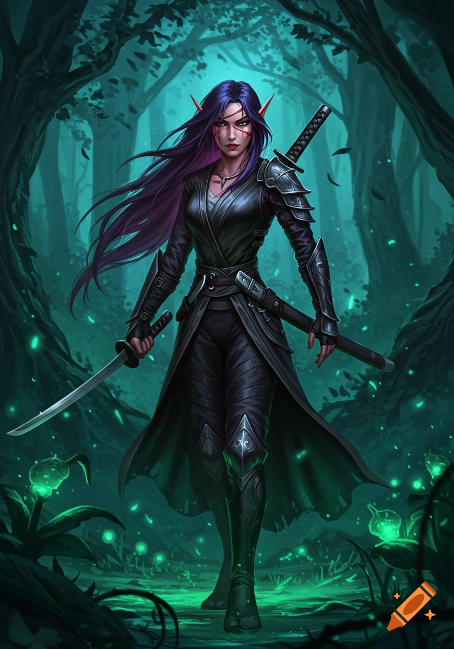 A female elf warrior with purple hair and a scarred face stands in a dark, glowing forest, wearing black leather armor and holding two swords.