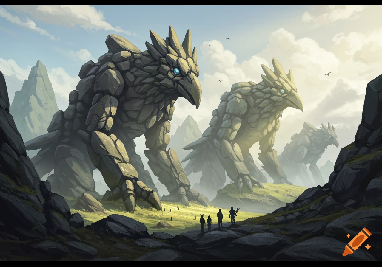 Giant rock crow-like creatures with blue eyes stand in a grassy, rocky landscape as tiny humans observe them.