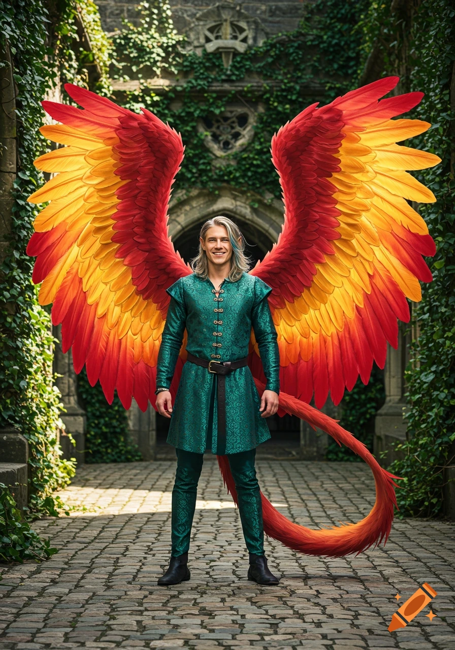 A man with long blond hair and blue streaks, wearing a green tunic, stands with large red and yellow wings and a matching tail in front of an ivy-covered stone archway.