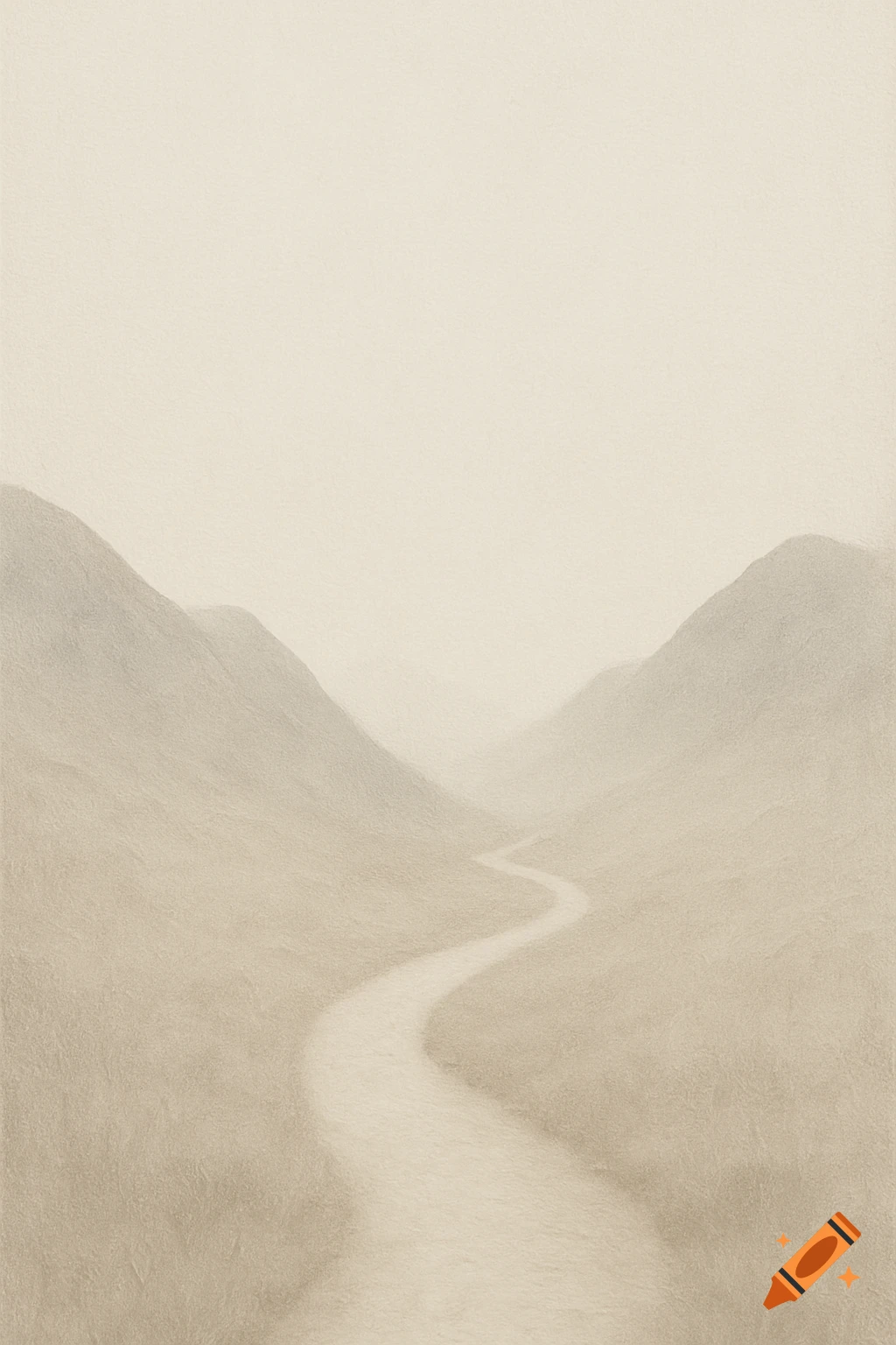 A minimalist, serene landscape painting of a winding pathway through soft-toned, misty mountains under a pale sky.