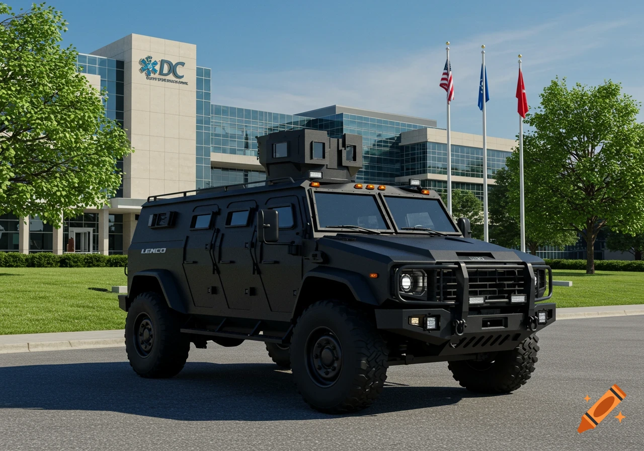 A black Lenco Bearcat armored tactical vehicle is parked on a paved road in front of a modern building with a "DC" logo and an American flag.