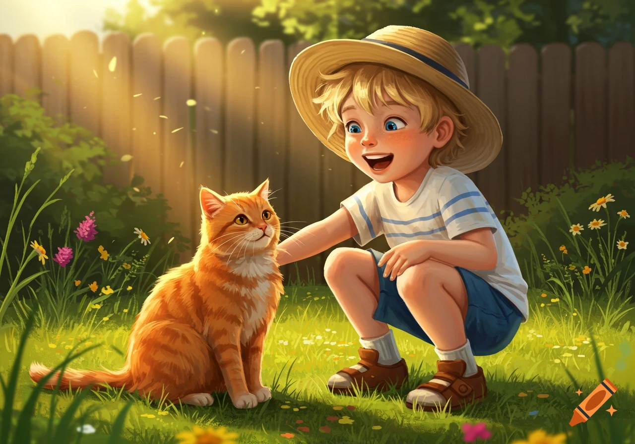 A happy blonde child in a straw hat gently pets an orange cat in a sunny garden with flowers, illustration.
