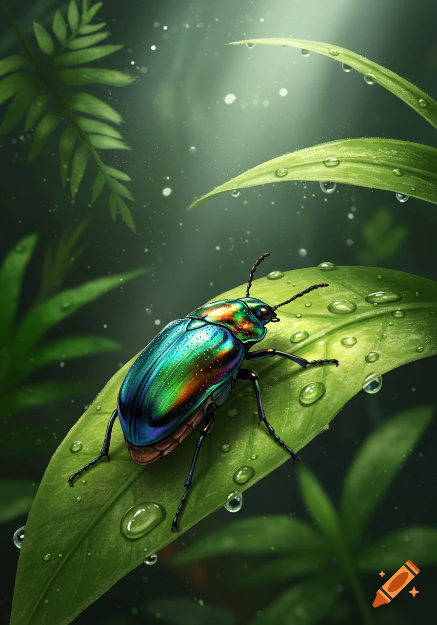Vivid illustration of an iridescent beetle with blue, green, and orange hues resting on a wet green leaf covered in water droplets.