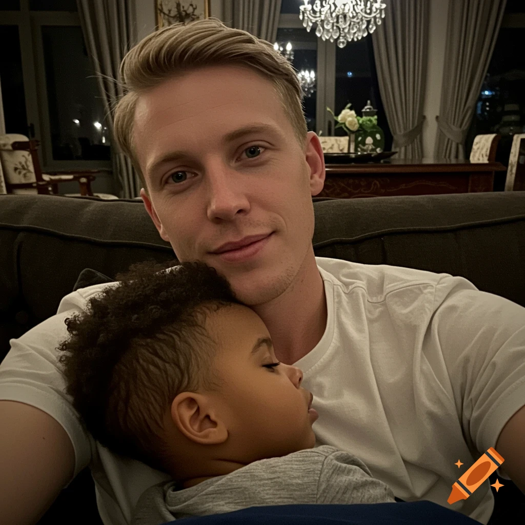 A man takes a selfie with a sleeping child resting on his chest on a couch.