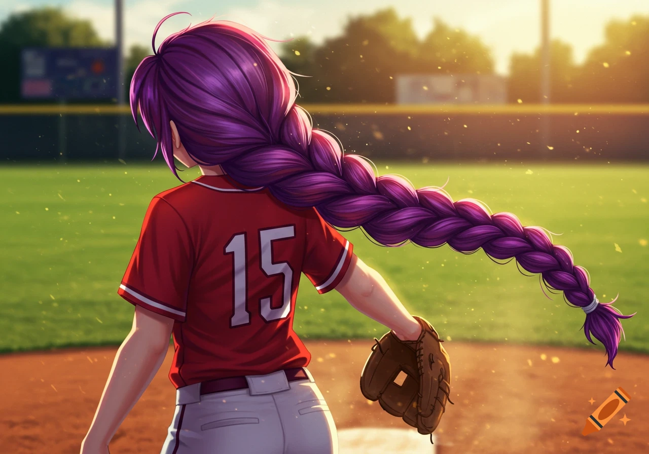 Anime girl with long purple braid wearing a red number 15 baseball jersey and glove on a sunny field.