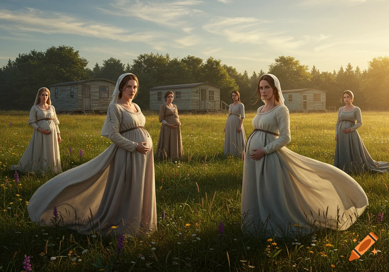 Several pregnant women in medieval-style dresses stand in a sunlit grassy field with distant shacks.