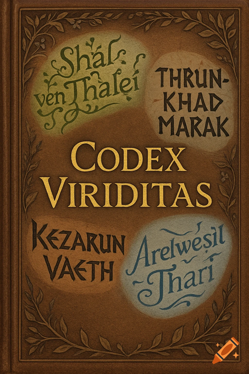 An ornate brown leather book cover with a central golden title 'Codex Viriditas' surrounded by four stylized phrases.