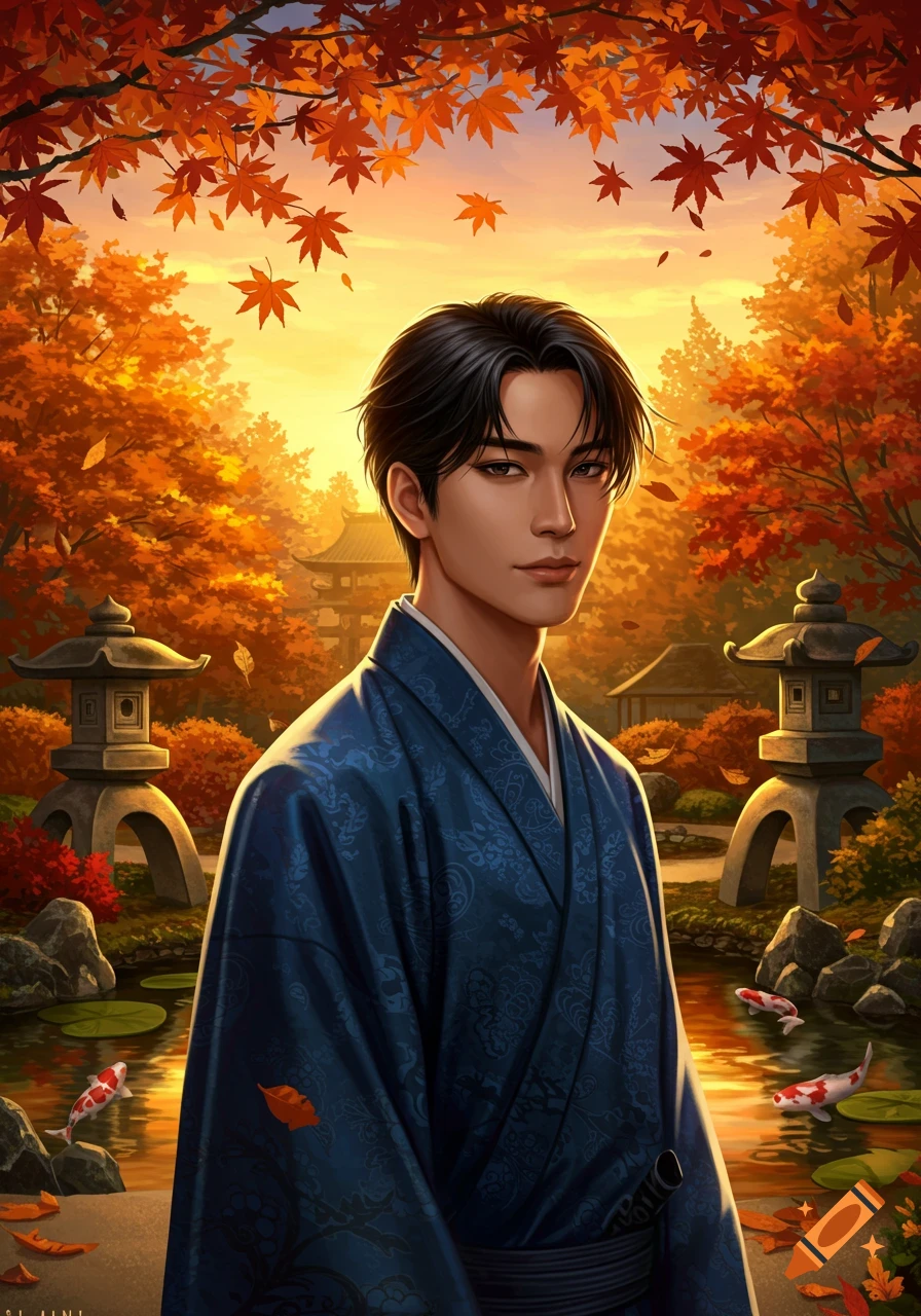Digital painting of a young Asian man in a blue kimono in a vibrant autumn Japanese garden with koi fish and stone lanterns at sunset.