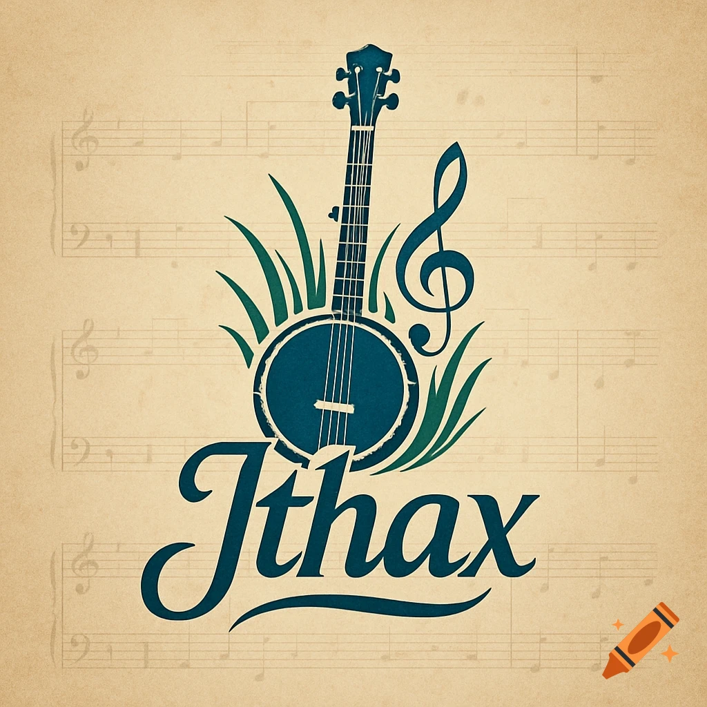 A stylized logo featuring a blue banjo, a green treble clef, and green grass shapes, with the name "Jthax" in blue cursive text. The background is an aged parchment color with faint musical notes.