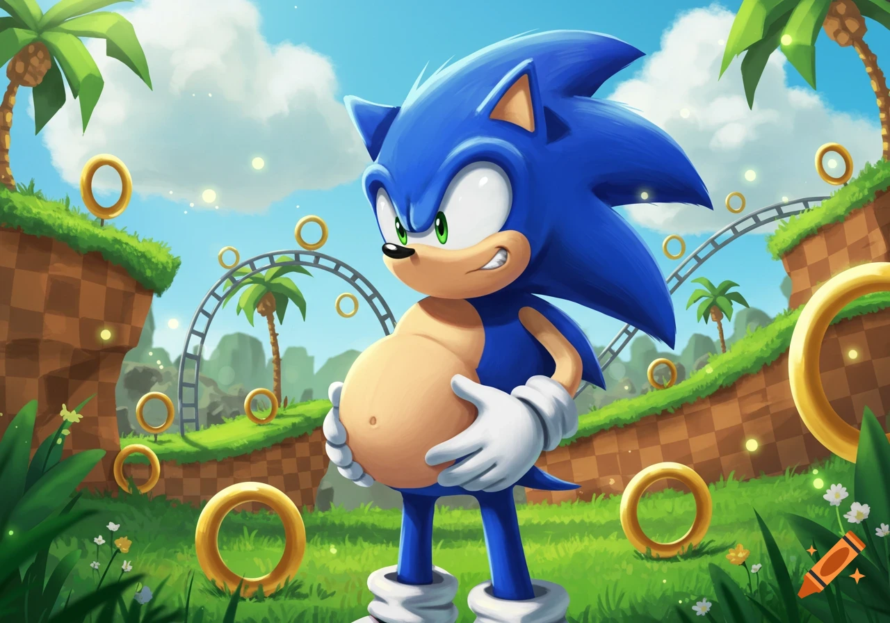 Sonic the Hedgehog with a large, round belly stands in a cartoon Green Hill Zone-like environment with palm trees and golden rings, looking stern.