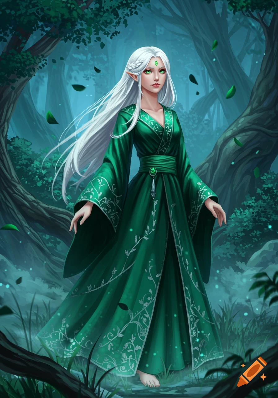 An elegant elf woman with long silver hair and a green robe stands barefoot in a mystical forest with glowing particles.